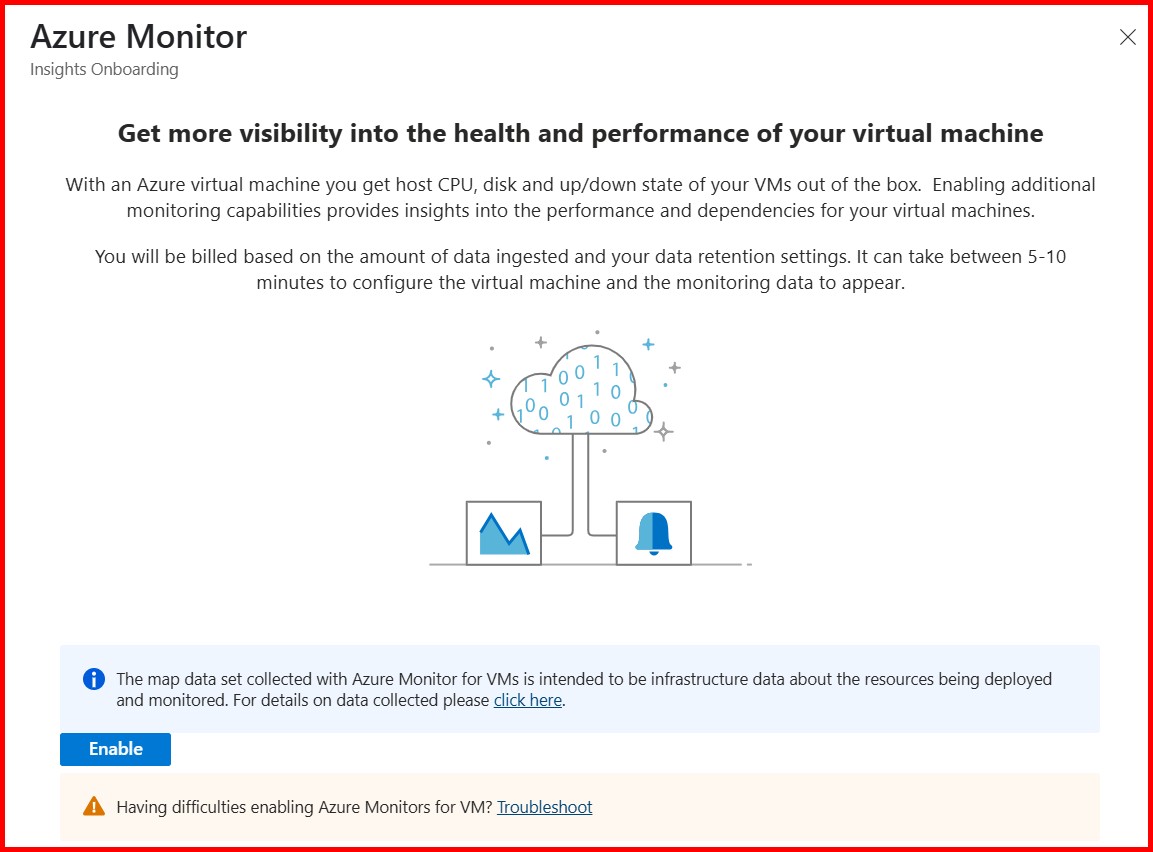 Picture showing enable button for enabling insight for the virtual machine
